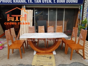 BÀN ĂN 8 GHẾ GỖ SỒI NGA MẶT ĐÁ 1M8*90