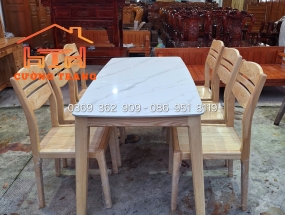 BÀN ĂN 6 GHẾ GỖ SỒI MẶT ĐÁ 1M6*80