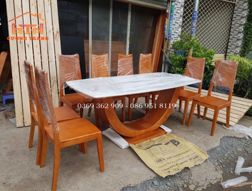 BÀN ĂN 8 GHẾ GỖ SỒI NGA MẶT ĐÁ 1M8*90