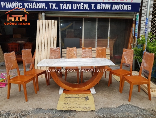 BÀN ĂN 8 GHẾ GỖ SỒI NGA MẶT ĐÁ 1M8*90