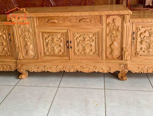 KỆ TV GÕ ĐỎ 100% HOA LÁ TÂY