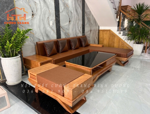 Sofa Góc L Chân Thuyền Gỗ Sồi Nga Màu Óc Chó Vế Trái 
