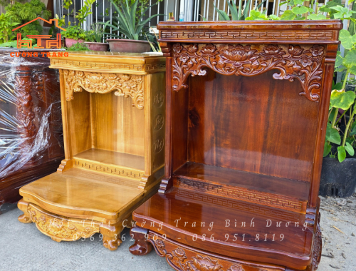 Bàn Thờ Thần Tài Gỗ Tràm Chạm Hoa Sen