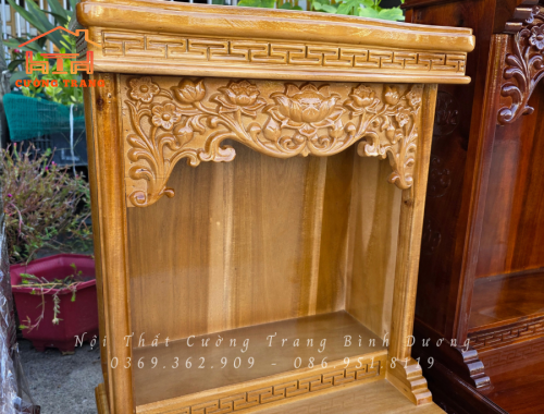 Bàn Thờ Thần Tài Gỗ Tràm Chạm Hoa Sen