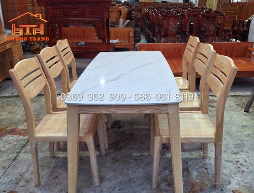 BÀN ĂN 6 GHẾ GỖ SỒI MẶT ĐÁ 1M6*80