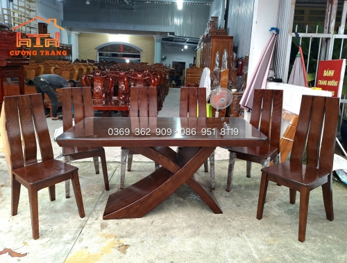 BÀN ĂN 6 GHẾ GỖ SỒI MÀU ÓC CHÓ 1M6*80